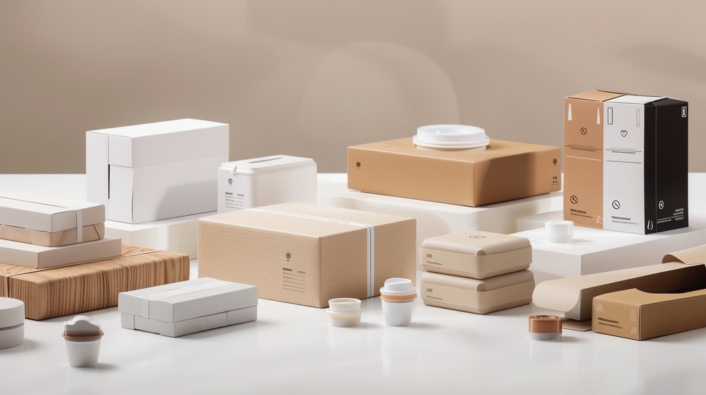 Cleanly arranged product packaging and boxes